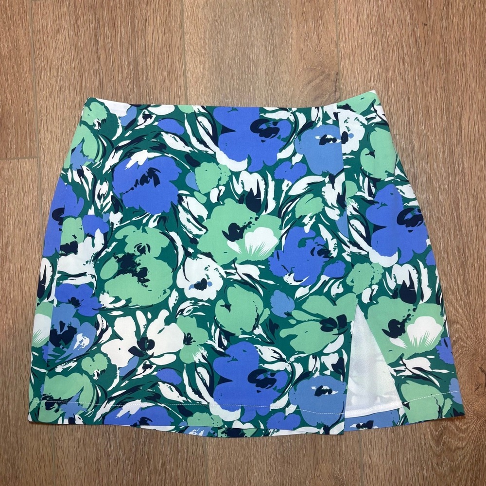 Molly Green Floral Mini Skirt Green Blue Botanical Print Side Slit Lined Size S - Picture 2 of 10